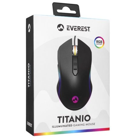 Everest Gamer Egér - SM-F09 TITANIO  (7200 DPI, 6gomb, 1,8m harisnyázott kábel,optikai, fekete, RGB LED)
