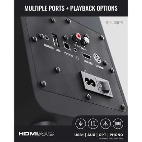 Majority Hangszóró 2.0 - D70X Fekete (70W, Bluetooth 5.3, USB, AUX, HDMI ARC, RCA, USB, Optikai, Távírányító)