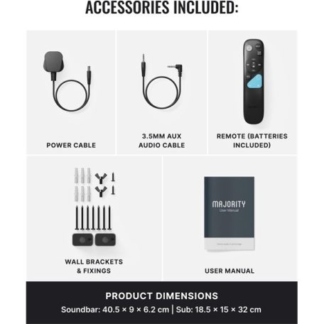 Majority Hangszóró Soundbar - Bowfell Axis 2.1 Dolby (140W, BT 5.0, HDMI ARC, AUX, USB, Optikai, Távírányító, Mélynyomó)