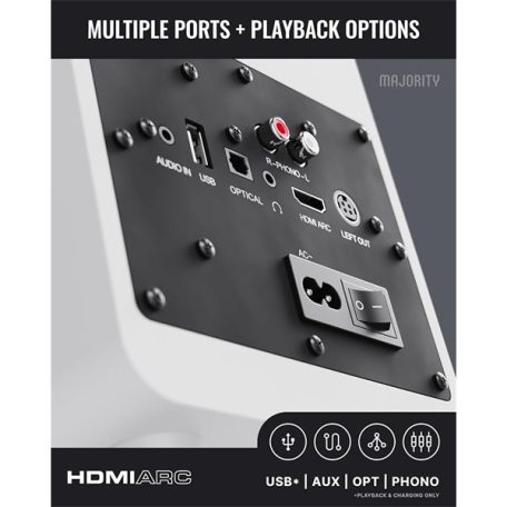 Majority Hangszóró 2.0 - D70X Fehér (70W, Bluetooth 5.3, USB, AUX, HDMI ARC, RCA, USB, Optikai, Távírányító)
