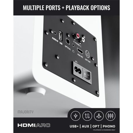 Majority Hangszóró 2.0 - D100X Fehér (100W, Bluetooth 5.3, USB, AUX, HDMI ARC, RCA, USB, Optikai, Távírányító)
