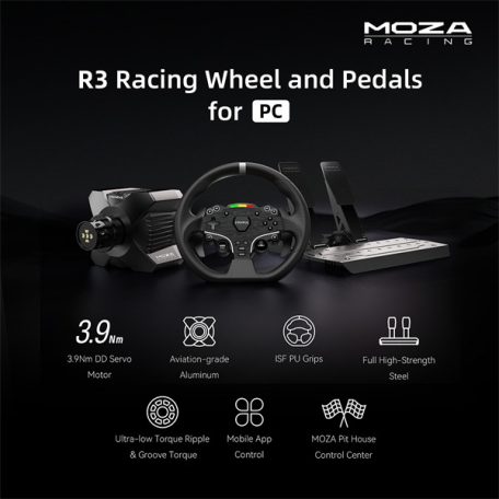 Moza Racing csomag - R3 PC Szimulátor szett (Direct Drive, R3 bázis, ES kormány, SR-P Lite pedál, bilincs)