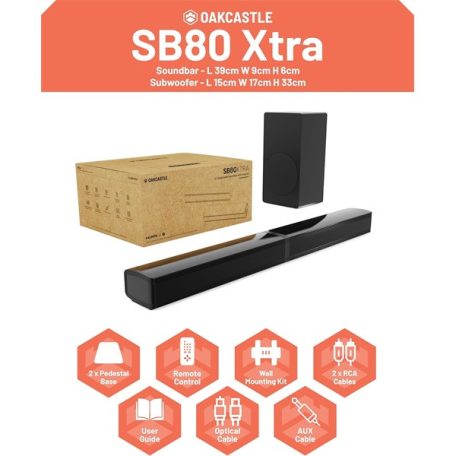 Oakcastle Hangszóró Soundbar - SB80 Xtra Split (200W, Bluetooth 5.3, HDMI ARC, AUX, USB, Optikai, Távírányító)