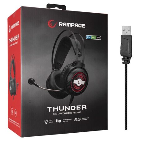 Rampage Fejhallgató - RM-K29 THUNDER (mikrofon, 3,5 mm Jack, hangerőszabályzó, nagy-párnás, fekete, RGB LED)