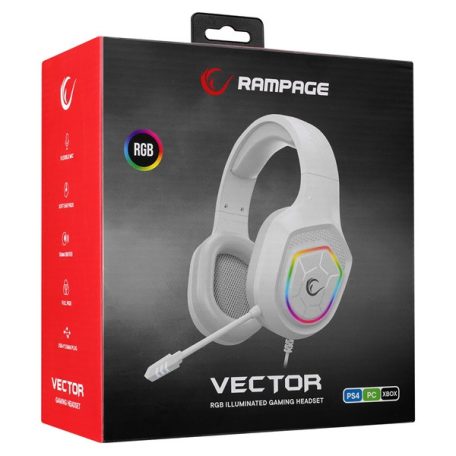 Rampage Fejhallgató - RM-K90 VECTOR (mikrofon, USB, 3,5 Jack, hangerőszabályzó, nagy-párnás, fehér)