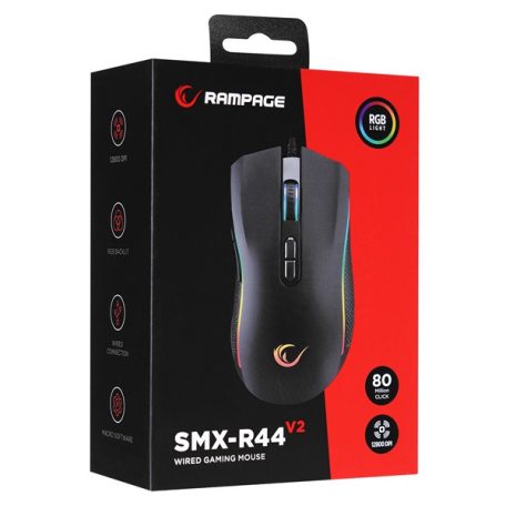 Rampage Egér Gamer - SMX-R44 V2 Macro (12800 DPI, 7 gomb, makro, RGB LED, 1,8m fonott kábel, fekete)