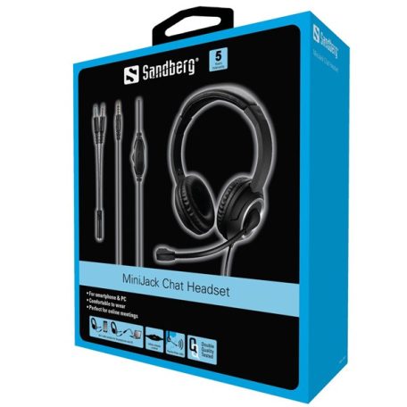 Sandberg Fejhallgató - MiniJack Chat Headset (mikrofon; 3,5mm jack; hangerő szabályzó; 1,8m kábel; fekete)
