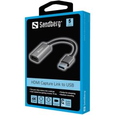   Sandberg Kábel Átalakító - HDMI Capture Link to USB (szürke; HDMI bemenet - USB-A2.0 kimenet)