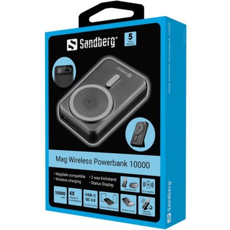 Sandberg Akkubank - Mag Wireless Powerbank 10000 (Qi támogatás, MagSafe, USB-C+USB-A)