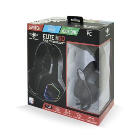 Spirit of Gamer Fejhallgató - ELITE H50 Black (MultiPlatform, RGB, 3.5mm Jack, mikrofon, hangerőszabályzó, nagy-párnás)