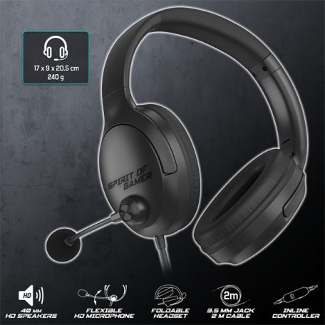 Spirit of Gamer Fejhallgató - PRO-H4 Black (MultiPlatform, mikrofon, 3.5mm jack, hangerőszabályzó, fekete)