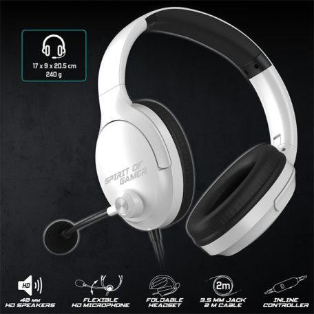 Spirit of Gamer Fejhallgató - PRO-H4 White (MultiPlatform, mikrofon, 3.5mm jack, hangerőszabályzó, fehér)