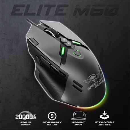 Spirit of Gamer Egér - ELITE-M60 Black (Optikai, 20000 DPI, 1000Hz, 9 programozható gomb, RGB, vezetékes, fekete)