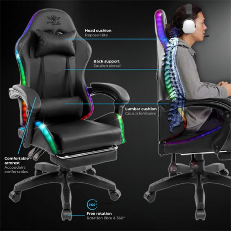 Spirit of Gamer szék - SIRIUS (RGB, állítható dőlés/magasság; kihajtható lábtartó; max.120kg-ig, fekete)