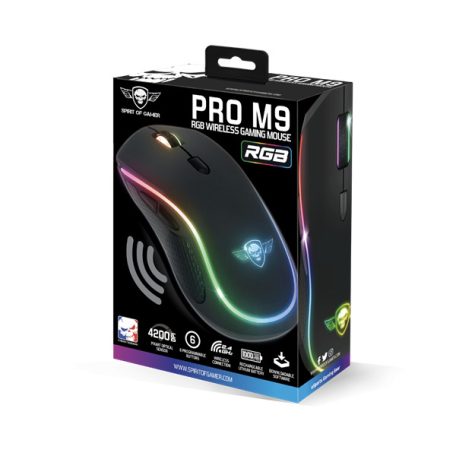 Spirit of Gamer Egér Vezeték nélküli - PRO-M9 (Optikai, 4200DPI, 6 programozható gomb, Max.: 10m, fekete)