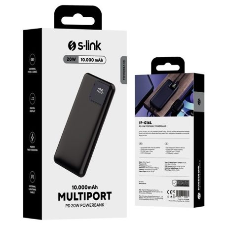 S-Link Powerbank - IP-G16L 10000mAh (3x Type-C, Lightning, 20W PD, led, fekete)