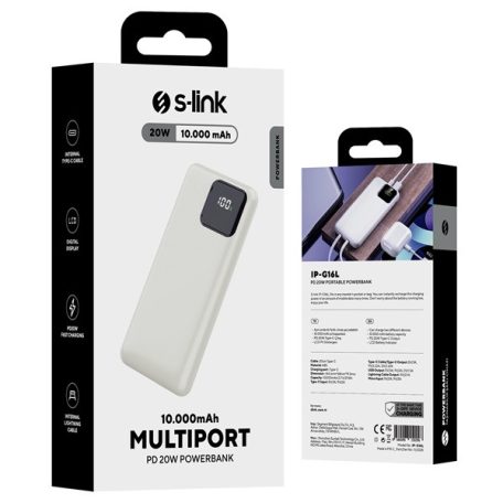 S-Link Powerbank - IP-G16L 10000mAh (3x Type-C, Lightning, 20W PD, led, fehér)