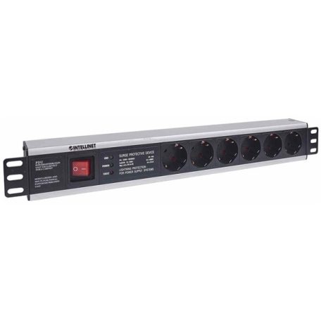 Manhattan elosztó - 19" 1.5U Rackmount elosztó, 6 aljzat, LED fény, 3m,  ki-be kapcsológomb