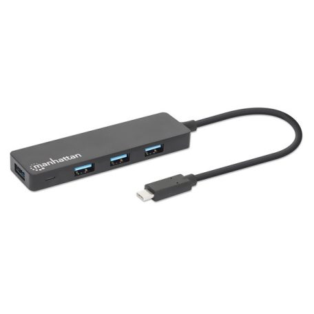 Manhattan USB HUB - 4db USB 3.0 Type-C Hub, USB-C Male to 4db USB-A Females, Fekete
