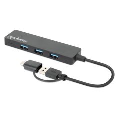   Manhattan USB HUB - 4db USB 3.0 Type-C / Type-A Combo Hub, USB-C Male és USB-A Male to 4 db USB-A Females, Fekete