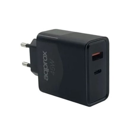 APPROX Telefontöltő - USB Type-C, USB-A port, 45W gyorstöltő + 1m USB Type-C kábel, Fekete