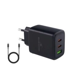   Bluestork Hálózati töltő - PW-65-CCA-B (2xUSB-C, USB-A, 65W, 2m kábel, fekete)
