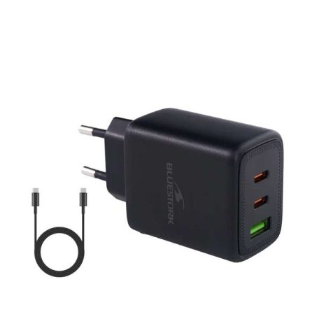 Bluestork Hálózati töltő - PW-65-CCA-B (2xUSB-C, USB-A, 65W, 2m kábel, fekete)