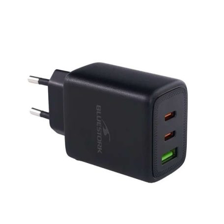 Bluestork Hálózati töltő - PW-65-CCA-B (2xUSB-C, USB-A, 65W, 2m kábel, fekete)