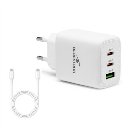 Bluestork Hálózati töltő - PW-65-CCA (2xUSB-C, USB-A, 65W, 2m kábel, fehér)