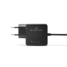   Bluestork Hálózati töltő - PW-BS-65-GAN-C/2 (USB-C, 65W, 1,45m kábel, gyorstöltés,fekete)