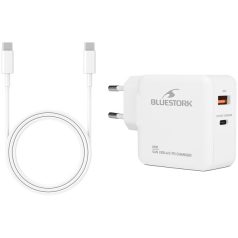   Bluestork Hálózati töltő - PW-BS-65-GAN-C-A-W (USB-C, USB-A, 65W, 1,8m kábel, gyorstöltés, fehér)