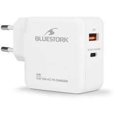   Bluestork Hálózati töltő - PW-BS-65-GAN-C-A-W (USB-C, USB-A, 65W, 1,8m kábel, gyorstöltés, fehér)