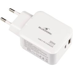   Bluestork Hálózati töltő - PW-NB-30-C-A/2 (USB-C, USB-A, 30W, fehér)