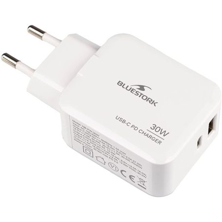 Bluestork Hálózati töltő - PW-NB-30-C-A/2 (USB-C, USB-A, 30W, fehér)