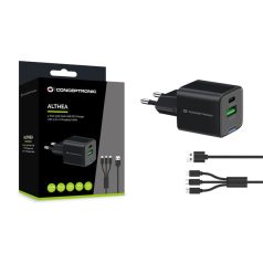   Conceptronic telefon töltő adapter+kábel - ALTHEA16B (USB-C+USB-A, 33W, 3in1 töltő kábel, fekete)