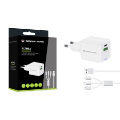  Conceptronic telefon töltő adapter+kábel - ALTHEA16W (USB-C+USB-A, 33W, 3in1 töltő kábel, fehér)
