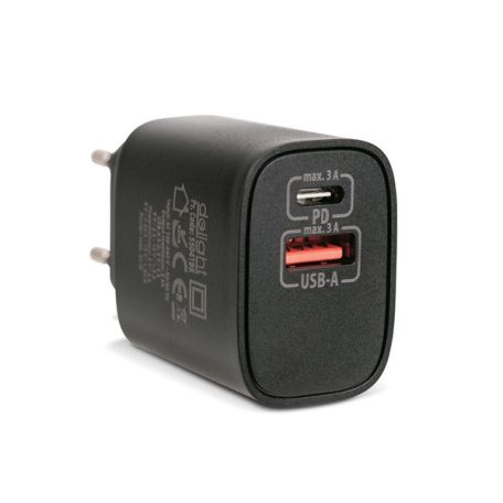 Delight Telefon töltő  - 1db Type-C + 1db USB PD20W gyorstöltéssel, Fekete