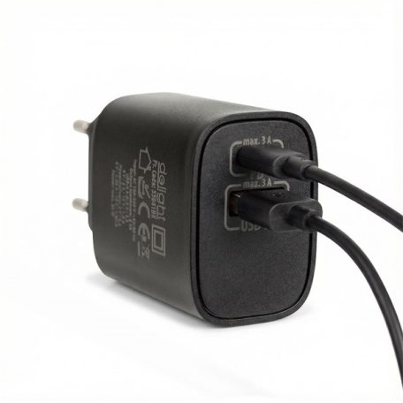 Delight Telefon töltő  - 1db Type-C + 1db USB PD20W gyorstöltéssel, Fekete