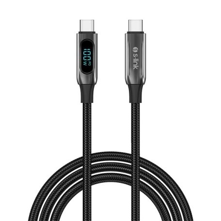 S-Link kábel - LCC-0100 (LED kijelző, 100W, Gyorstöltés, Type-C to Type-C 100cm adat+töltőkábel, fekete, fonott)