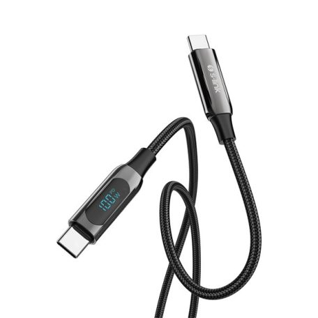 S-Link kábel - LCC-0100 (LED kijelző, 100W, Gyorstöltés, Type-C to Type-C 100cm adat+töltőkábel, fekete, fonott)