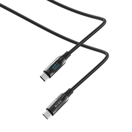S-Link kábel - LCC-0100 (LED kijelző, 100W, Gyorstöltés, Type-C to Type-C 100cm adat+töltőkábel, fekete, fonott)