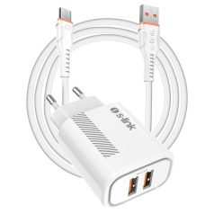   S-Link Hálózati töltő - SL-EC50 (2xUSB, 5V/2.4A, 12W, Gyorstöltés, Micro-USB 100cm adat+töltőkábel, fehér)