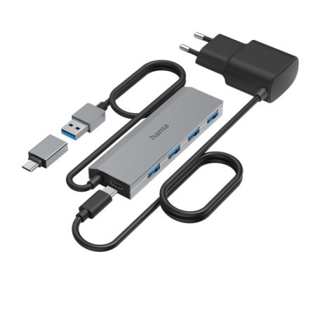 Hama USB HUB - 200138 (4xUSB 3.2, 1xUSB-C 5GB/s, USB-C adapter, tápegység)