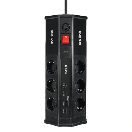 S-Link Túlfeszültségvédő - PRZ03 (3m, 630 Joule, 2xUSB-A, 2xType-C, 2.4A/5V, 6000V, 6db schuko)