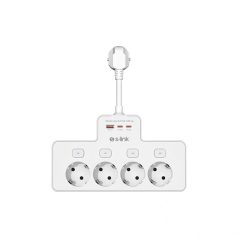   S-Link Túlfeszültségvédő - PRZ08 (15cm, 210 Joule, USB-A, 2xType-C, 16A, 3.4A/5V, 3680W, 4db schuko, fehér)