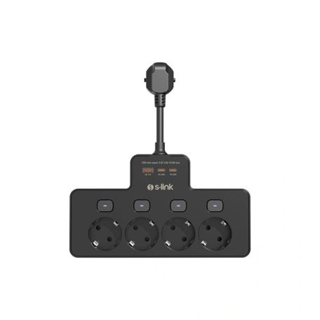 S-Link Túlfeszültségvédő - PRZ08 (15cm, 210 Joule, USB-A, 2xType-C, 16A, 3.4A/5V, 3680W, 4db schuko, fekete)