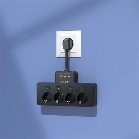 S-Link Túlfeszültségvédő - PRZ08 (15cm, 210 Joule, USB-A, 2xType-C, 16A, 3.4A/5V, 3680W, 4db schuko, fekete)