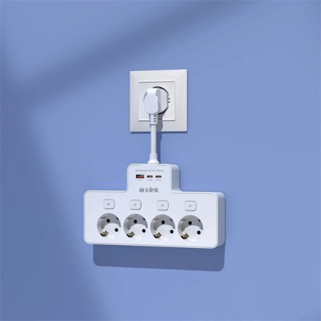 S-Link Túlfeszültségvédő - PRZ08 (15cm, 210 Joule, USB-A, 2xType-C, 16A, 3.4A/5V, 3680W, 4db schuko, fehér)