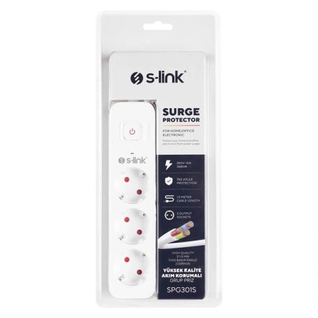 S-Link Túlfeszültségvédő - SPG301S (1,5m, 750 Joule, 16A, 3680W, 3db schuko, fehér)