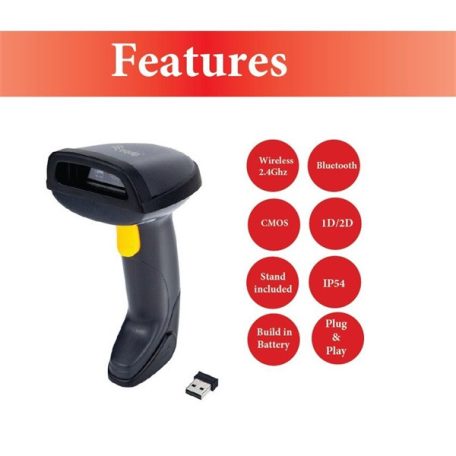 Equip Asztali Vonalkód olvasó - 351029 (2D, állványal, vezeték nélküli: 2,4 Ghz+Bluetooth, fekete)